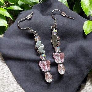Handmade Pink Heart & Butterfly Beaded Dangle Earrings